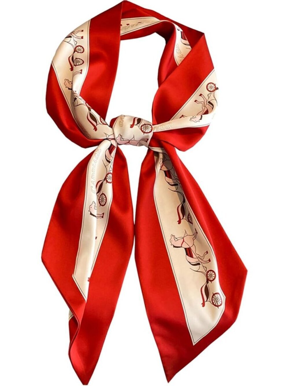 Women's Red Carriage Border Head Scarves Long Skinny Silky Hair Bags Scarf